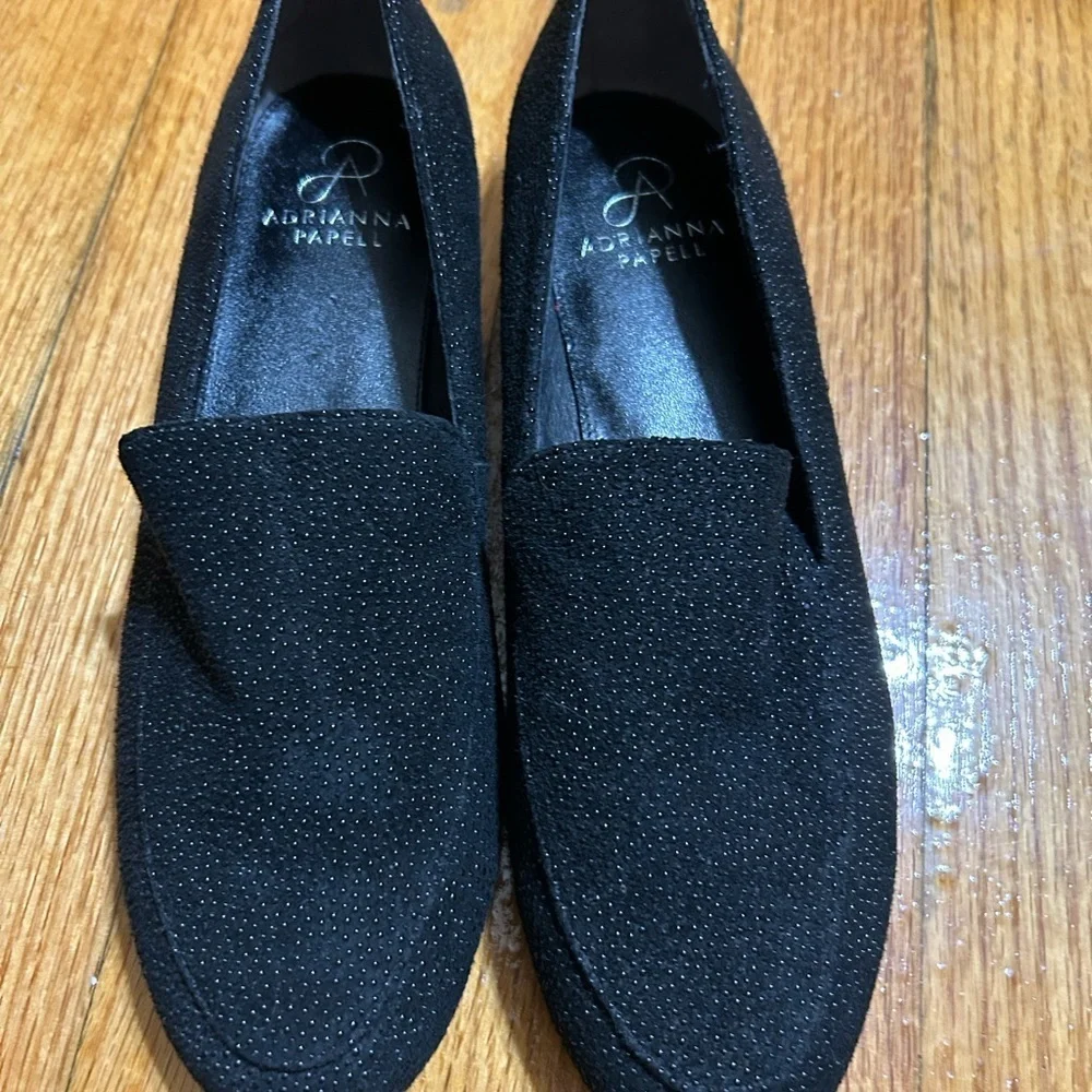 Adrianna Papell ‎ Loafer Black Leather Studded Heel Almond Toe Shoe Size 8